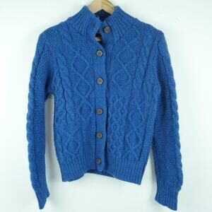 Women's Small Cardigan 100% Wool Chunky Cable Aran Knit Fisherman Cabincore Blue